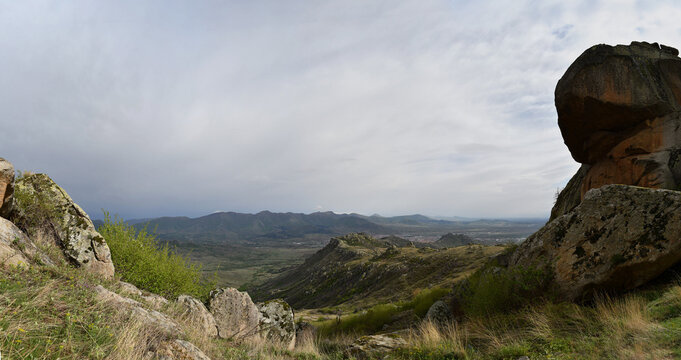 Panoramic view from Treskavec Monastery, near Prilep, Macedonia. In the distance, the city of Prilep and the mountains can be seen.