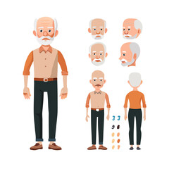 Elderly man character constructor for animation. Front, side and back view set. Body parts, postures, poses collection. Vector illustration.