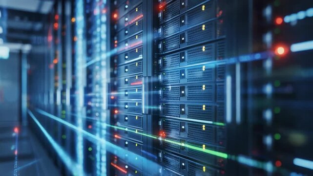 Modern Data Center with Server Racks, High-Tech Network Infrastructure and LED Lights