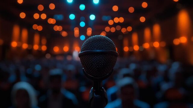 Microphone on a Dark Stage Facing a Blurred Audience.