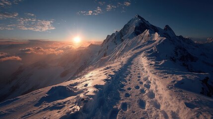 Footsteps on a snow-covered mountain path that leads to the sunrise horizon signify tenacity, hope, adventure spirit, and personal development; they also stand for bravery, resolve, and optimism in th