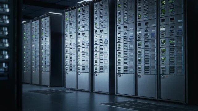 High-tech data center with illuminated server racks for modern cloud computing solutions