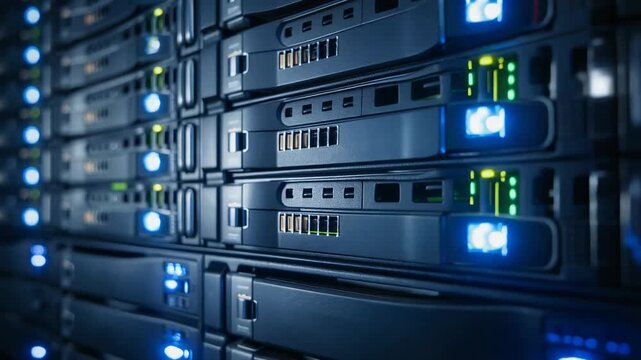 High-tech data center with illuminated servers and storage devices for modern computing