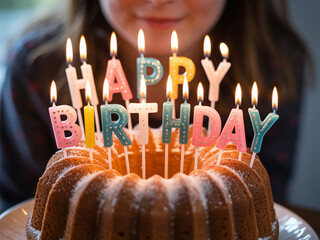 Young girl blowing out happy birthday candles on a cake