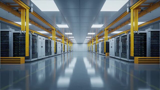 Modern Data Center Interior with Rows of High-Tech Server Racks and Bright Lighting