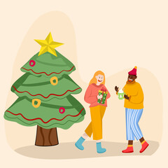  Couple Decorating Christmas Tree Outdoors