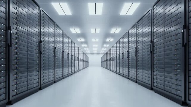 High-tech server room with rows of data storage units in a modern data center environment