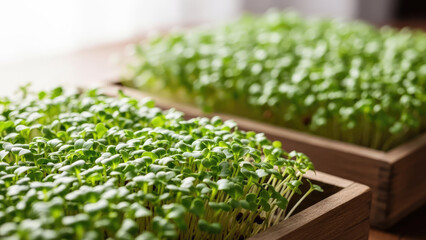 Freshly Grown Microgreens in Wooden Trays.
