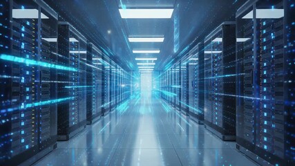 Futuristic data center with server racks and glowing technology elements - Powered by Adobe