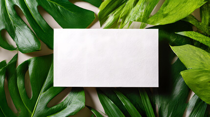 Tropical Plant and a Blank Space: Envision a lush and vivid tableau of greenery, with the glossy, emerald leaves of tropical plants gently framing a stark, blank canvas, ready for your message.