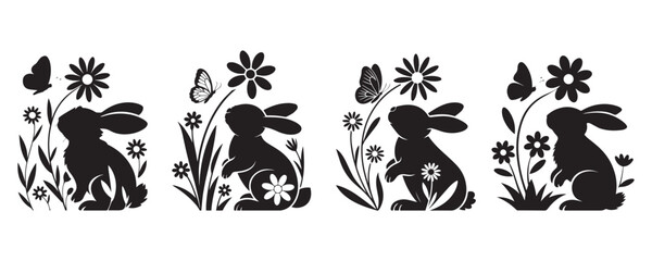 Obraz premium Adorable rabbit silhouettes with flowers hearts and decorative details ideal for Easter art scrapbooking and creative crafting