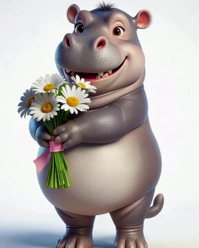 A cheerful cartoon hippopotamus holds a bouquet of daisies, showcasing a friendly and whimsical character. give video
