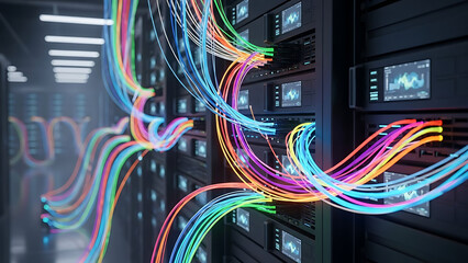 Digital Symphony: A vibrant display of data cables connecting within a data center, symbolizing the intricate network of information flow, illuminating the backbone of modern technology.