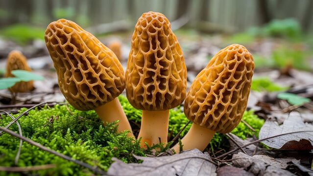 Close up of fresh morel mushrooms growing in a forest