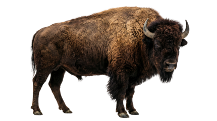 Majestic American Bison standing proudly, showcasing its powerful build and shaggy fur against a clean white backdrop, embodying the spirit of North American wildlife in a striking portrait