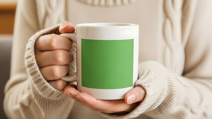 A person is holding a coffee mug with green label in a warm cozy embrace