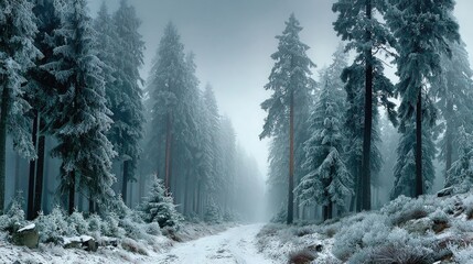 Snowy pine forest with mist, quiet winter landscape expressing calm isolation and purity.