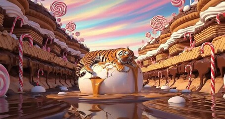 A vibrant tiger lounging on a giant chocolate egg in a whimsical candy landscape