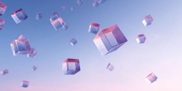 Abstract background refraction animation effect seamless loop render shape blue soft cubes float sky, gentle glow and dreamy mood create calm motion and clean modern design for futuristic 3D - Powered by Adobe