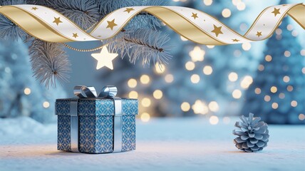 Festive blue gift box sits in snowy winter landscape beneath sparkling gold star ribbon decoration