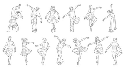 Line drawings of ballet dancers in fourteen elegant poses, dynamic arm and leg movements, artistic reference for choreography, dance education, and expressive motion illustration in two-row layout