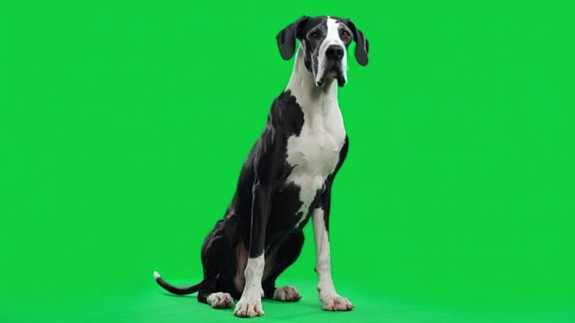 Majestic Great Dane sitting on green screen with curious expression
