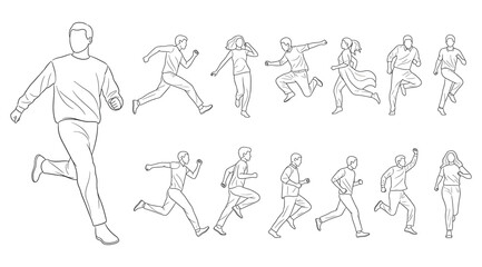 Running motion study with large figure and twelve smaller sketches, black-and-white line drawings showing dynamic phases of human gait, visual reference for animation, biomechanics, and athletic train