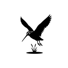 Minimalist Silhouette of a Snipe Hovering Above Wetland Grass Tuft vector illustration