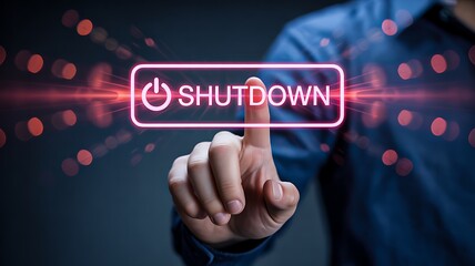 Hand pressing glowing digital shutdown button on futuristic interface
