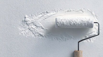 Paint Roller Applying Thick White Paint on Interior Wall With Visible Texture and Smooth Strokes