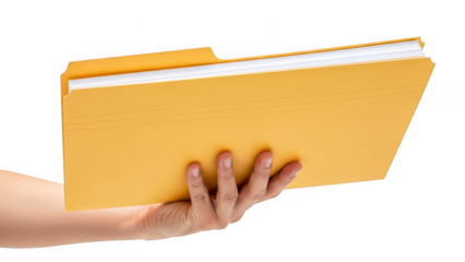 A hand holding a yellow binder isolated on transparent background
