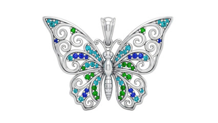 Intricately designed silver butterfly pendant with colorful gemstones isolated on transparent background