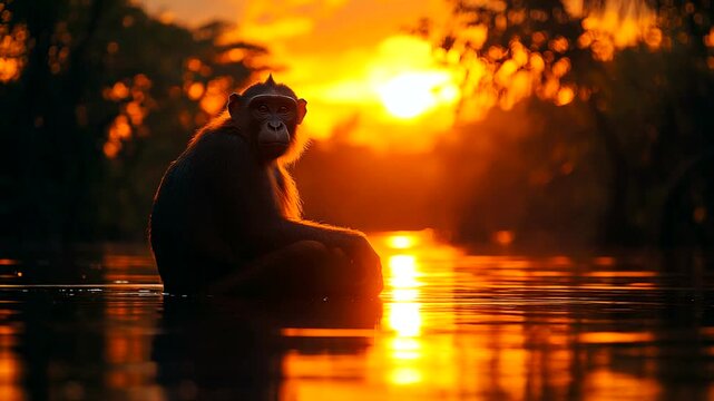 Monkey Silhouette at Sunset Over Calm Water