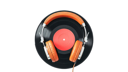 Vinyl record with orange headphones on top isolated on transparent background
