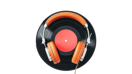 Vinyl record with orange headphones on top isolated on transparent background