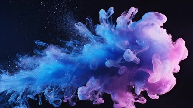 Vibrant blue and pink ink cloud dispersion in dark water