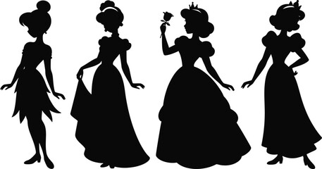 elegant princess silhouettes set, four fairy tale girls, long ball gowns, royal fashion, dancing poses, fantasy, kids party illustration © jamiul