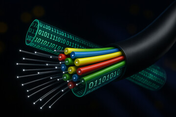 AI generated detailed fiber optic cable with multicolor channels glowing binary code layers and illuminated strands symbolizing high speed data transmission and modern network technology