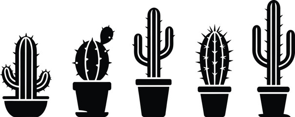 potted cactus silhouettes set, different succulents in pots, black vector icons, desert plant, home decor, boho, minimal illustration