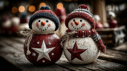 Two snowman decorations with winter hats and scarves, festive and rustic setting.