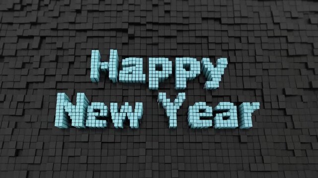 Vibrant digital text 'Happy New Year' emerges from a textured block background, symbolizing new beginnings and technological celebration