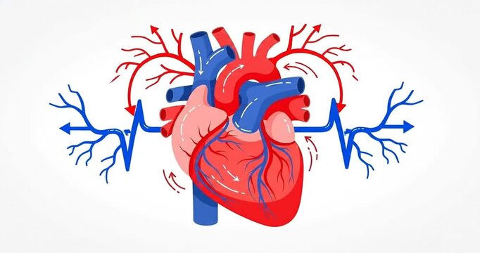 Anatomical illustration of a human heart with arteries and heartbeat lines on a white background