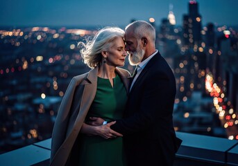 Affectionate senior couple embracing on a city rooftop at night with sparkling bokeh light