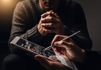 Focused Man Observes Hand Diagramming Strategy on Digital Tablet with Stylus