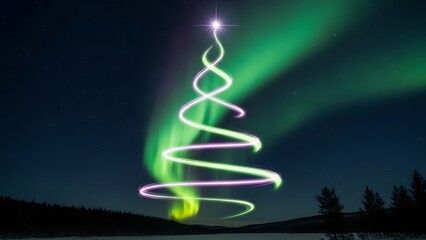 Abstract swirling lights in the shape of a Christmas tree against the backdrop of the aurora borealis, symbolizing festive energy.