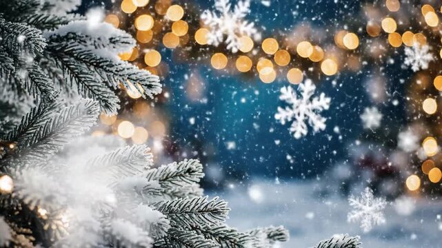 Snow covered pine tree with festive string lights in a winter wonderland scene