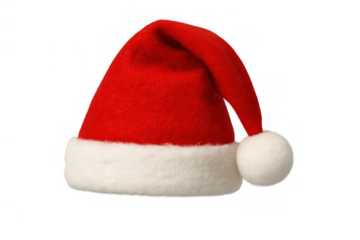 Santa hat in red felt fabric with fluffy white border and sphere, festive winter season costume element, clipping path