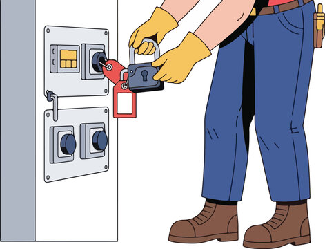 Worker performing lockout tagout procedure on electrical panel for safety.