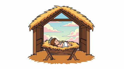 Obraz premium Christmas nativity scene. Pixel art illustration of baby Jesus in manger. Brown wooden shed. Straw bedding. Blue sky with pink clouds. Vector graphic design element. Holiday and religious
