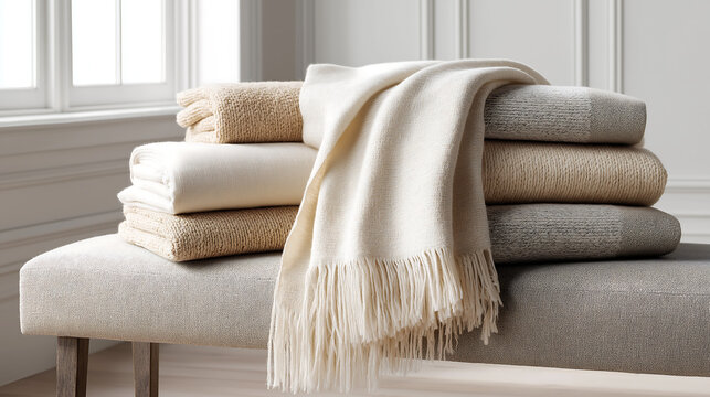Cloud Dancer Stack of Cozy Neutral Colored Blankets and Textured Throws on a Stylish Bench in a Modern Room Colour of the Year 2026